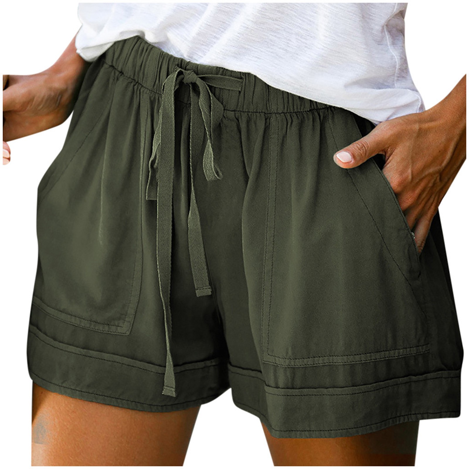 thumbnail image 5 of Pantalones cortos cómodos con cordón y cintura elástica para mujer - Pantalones holgados de color liso con bolsillos - Ropa informal de verano de poliéster, 5 of 8